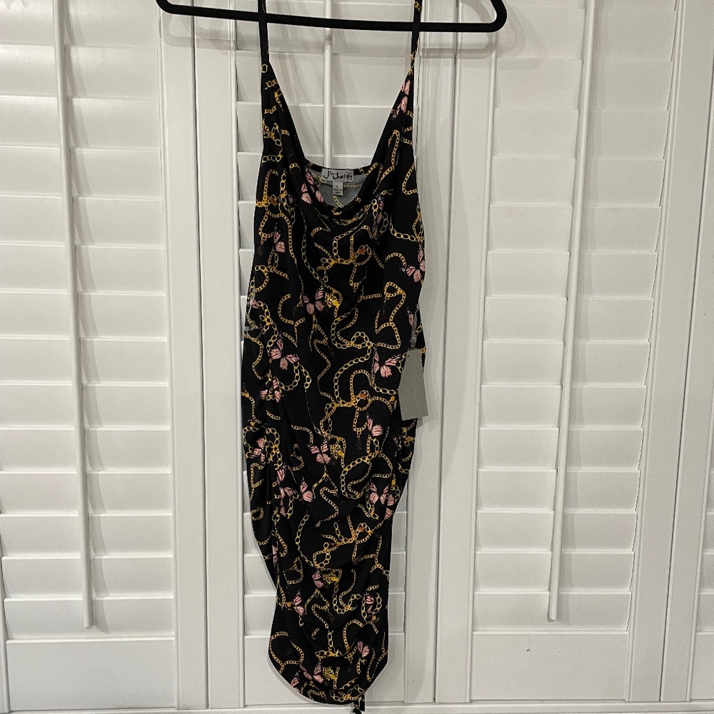 Trendy black slinky dress. Cute butterfly and chain design. XL adjustable length